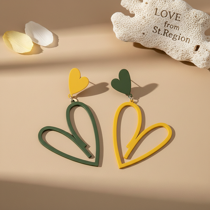 Yellow & Green Enamel Mismatching Heart Dangle Earring