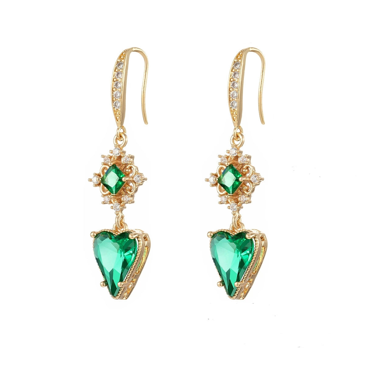 Green Crystal & Cubic Zirconia Goldtone Rhombus Heart Hook Earrings