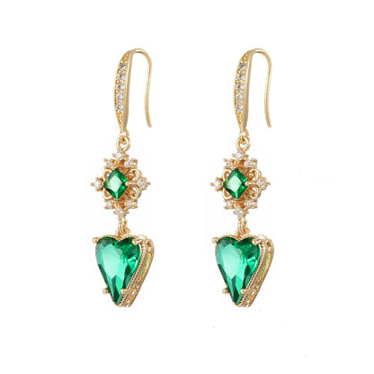Green Crystal & Cubic Zirconia Goldtone Rhombus Heart Hook Earrings