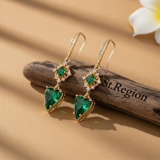 Green Crystal & Cubic Zirconia Goldtone Rhombus Heart Hook Earrings
