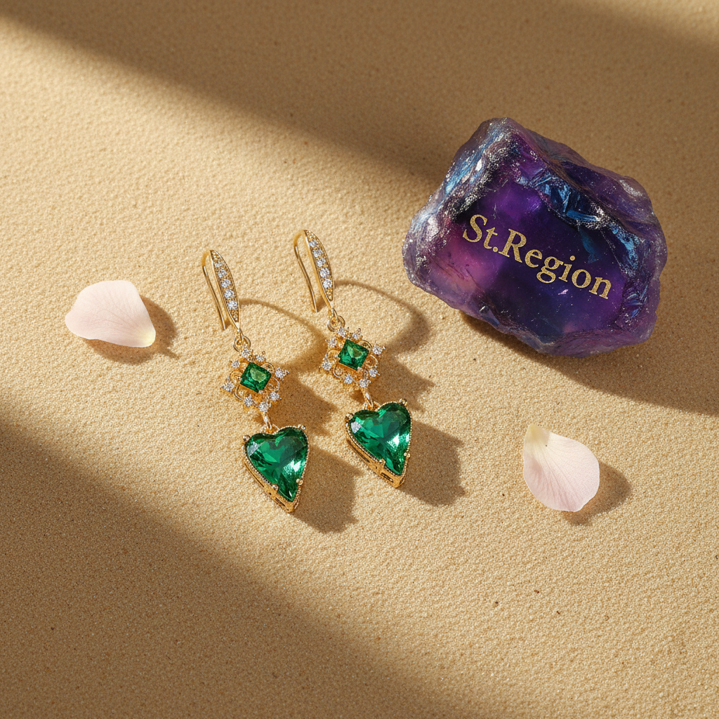 Green Crystal & Cubic Zirconia Goldtone Rhombus Heart Hook Earrings