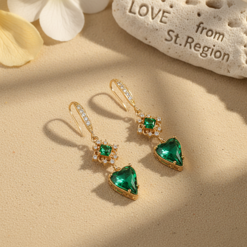 Green Crystal & Cubic Zirconia Goldtone Rhombus Heart Hook Earrings