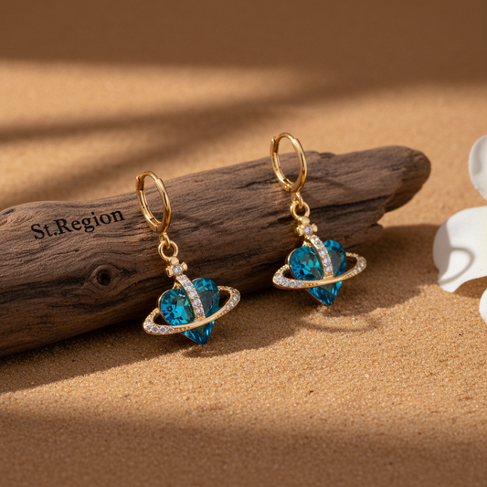 Cobalt Blue Crystal & Cubic Zirconia Goldtone Celestial Heart Huggie Earrings