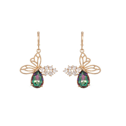 Iridescent Crystal & Cubic Zirconia Goldtone Filigree Butterfly Huggie Earrings