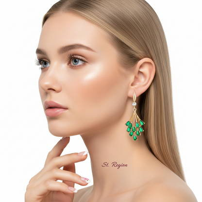 Green Crystal & Cubic Zirconia Goldtone Drop Tassel Hook Earrings