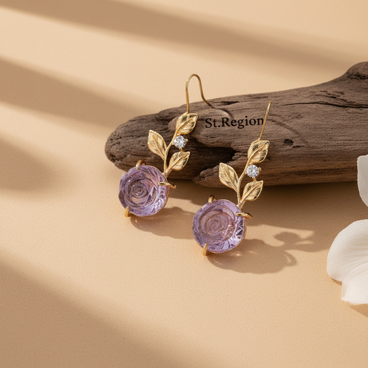 Purple Resin & Cubic Zirconia Goldtone Flower Dangle Earrings