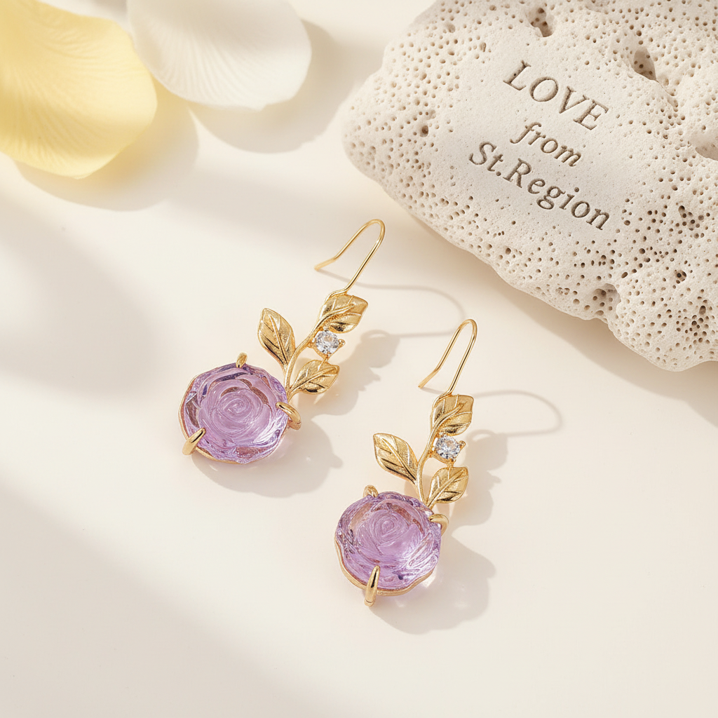 Purple Resin & Cubic Zirconia Goldtone Flower Dangle Earrings