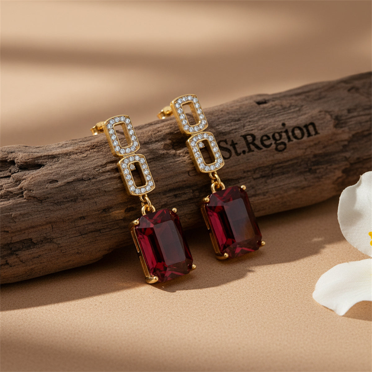 Cubic Zirconia & Red Crystal Goldtone Square Drop Earrings