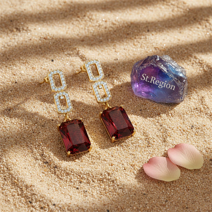 Cubic Zirconia & Red Crystal Goldtone Square Drop Earrings