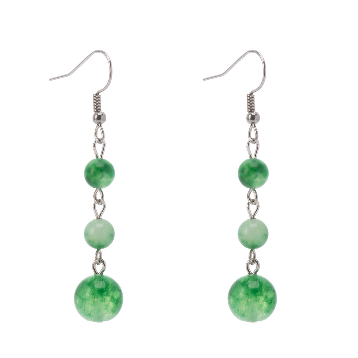 Green Jade & Silvertone Tiered Ball Hook Earrings