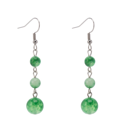 Green Jade & Silvertone Tiered Ball Hook Earrings