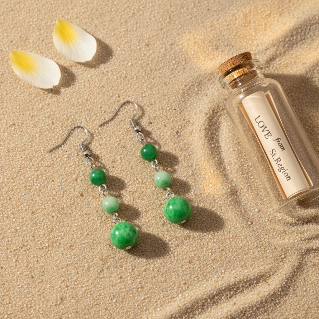 Green Jade & Silvertone Tiered Ball Hook Earrings