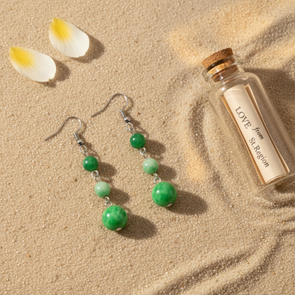 Green Jade & Silvertone Tiered Ball Hook Earrings