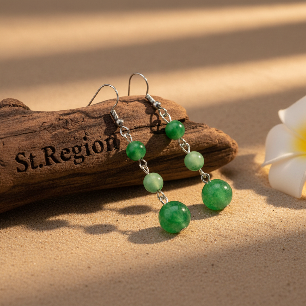 Green Jade & Silvertone Tiered Ball Hook Earrings