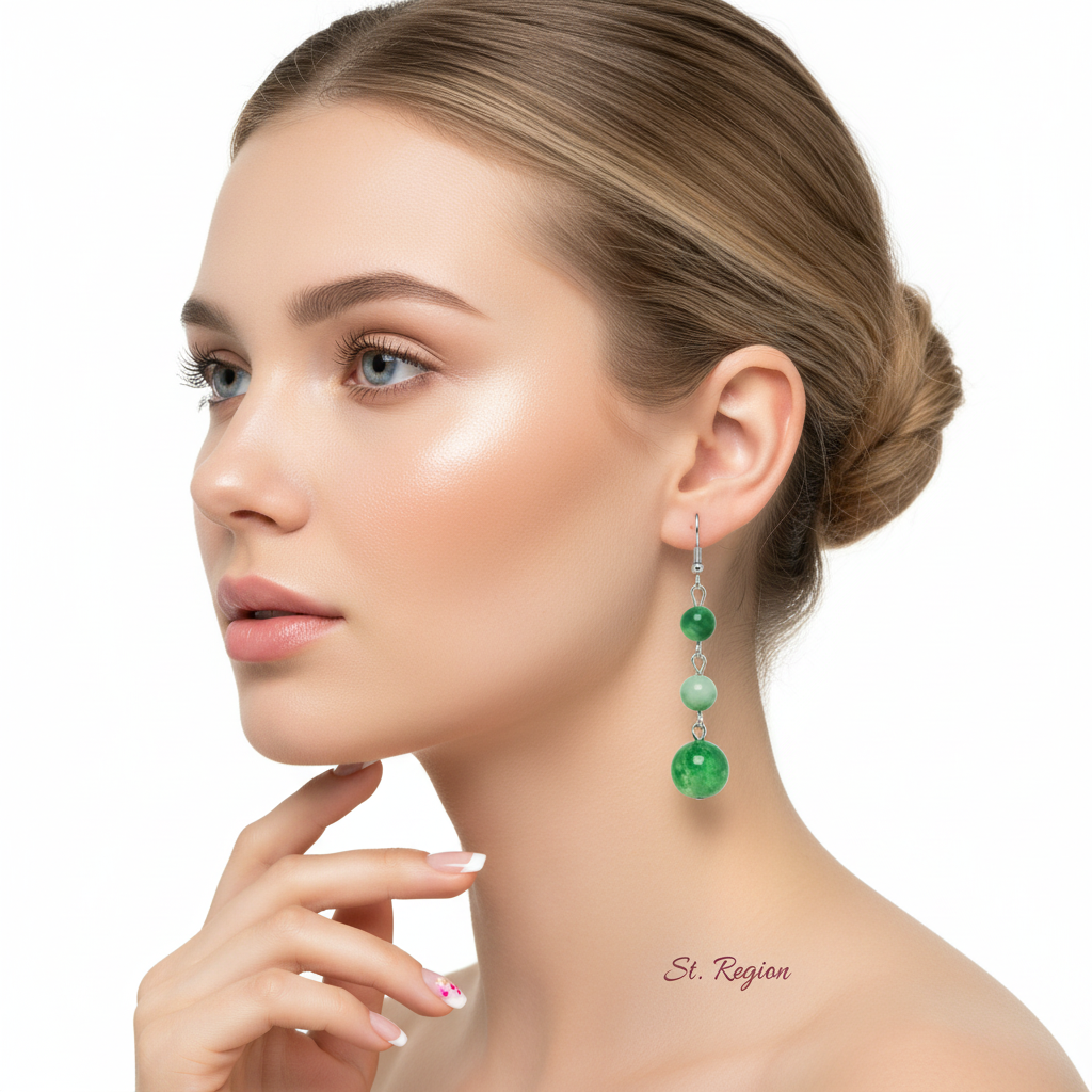 Green Jade & Silvertone Tiered Ball Hook Earrings