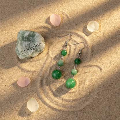 Green Jade & Silvertone Tiered Ball Hook Earrings