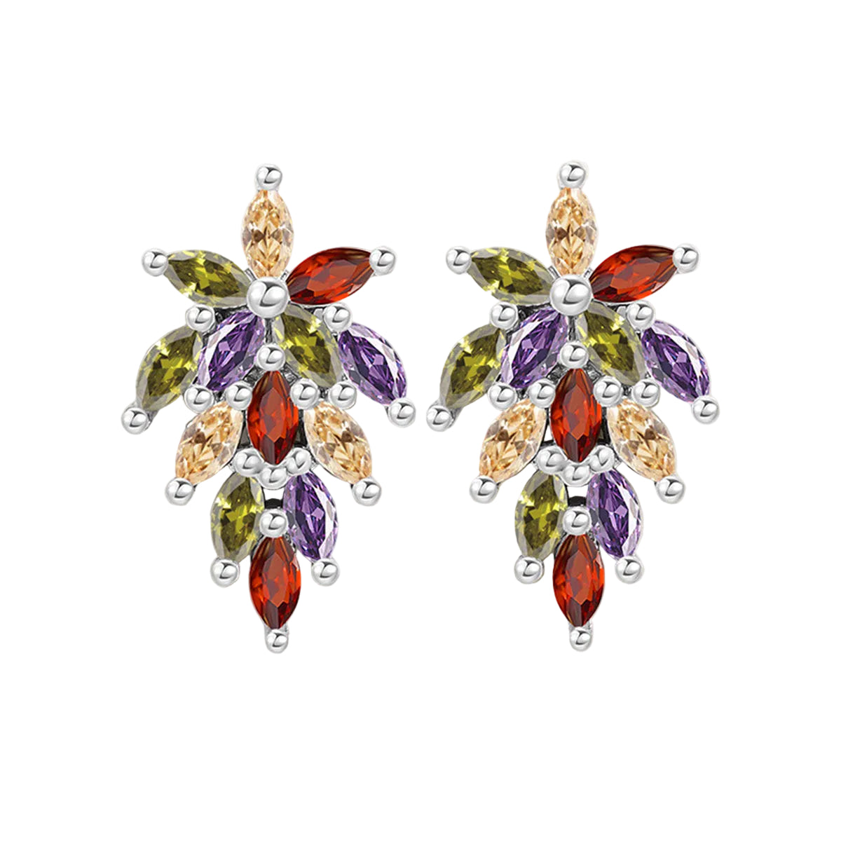Multi-colored Crystal & Silvertone Flower Cluster Dangle Earrings