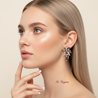 Multi-colored Crystal & Silvertone Flower Cluster Dangle Earrings