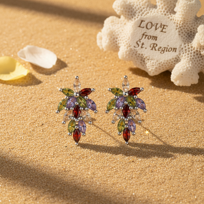 Multi-colored Crystal & Silvertone Flower Cluster Dangle Earrings