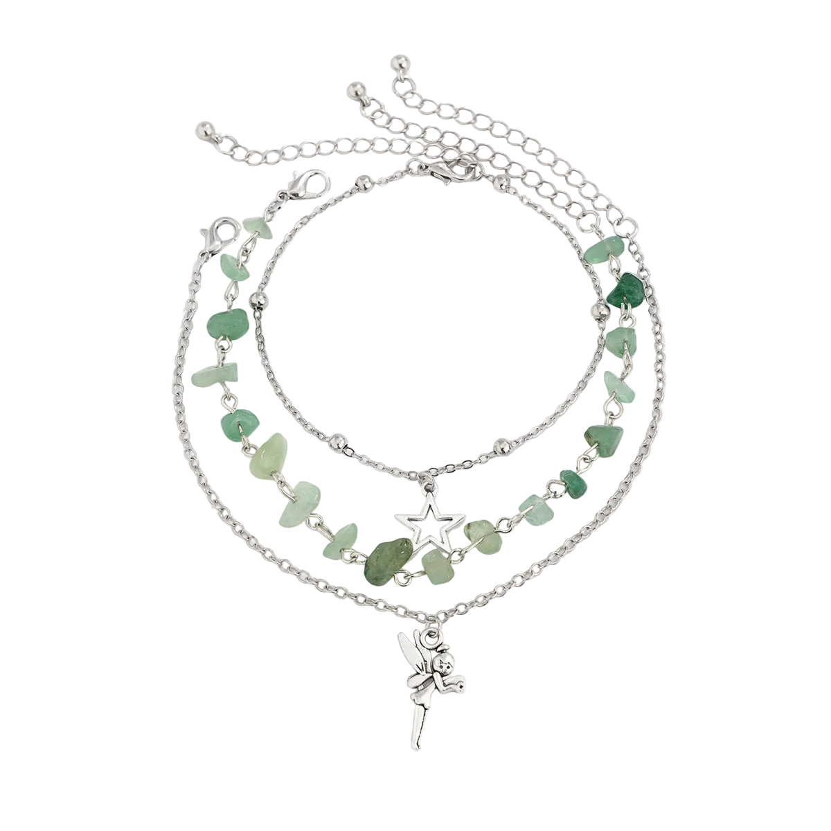 Multi-Colored Qurtz & Silvertone Beads Star Fairy Charm Anklet Set