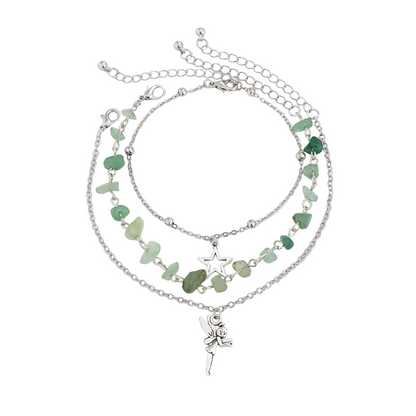 Multi-Colored Qurtz & Silvertone Beads Star Fairy Charm Anklet Set