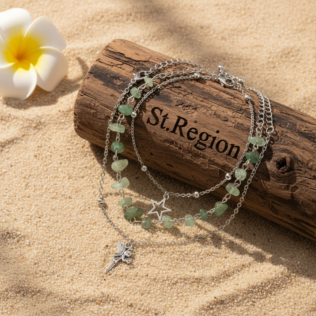 Multi-Colored Qurtz & Silvertone Beads Star Fairy Charm Anklet Set