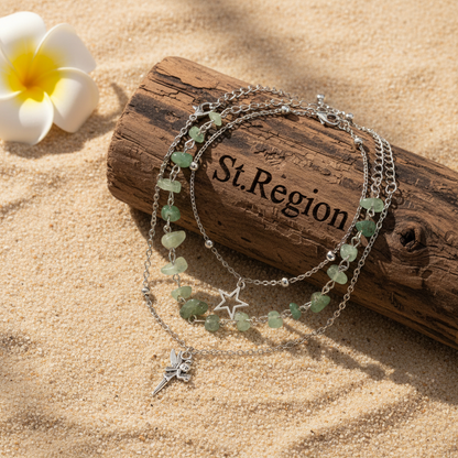 Multi-Colored Qurtz & Silvertone Beads Star Fairy Charm Anklet Set
