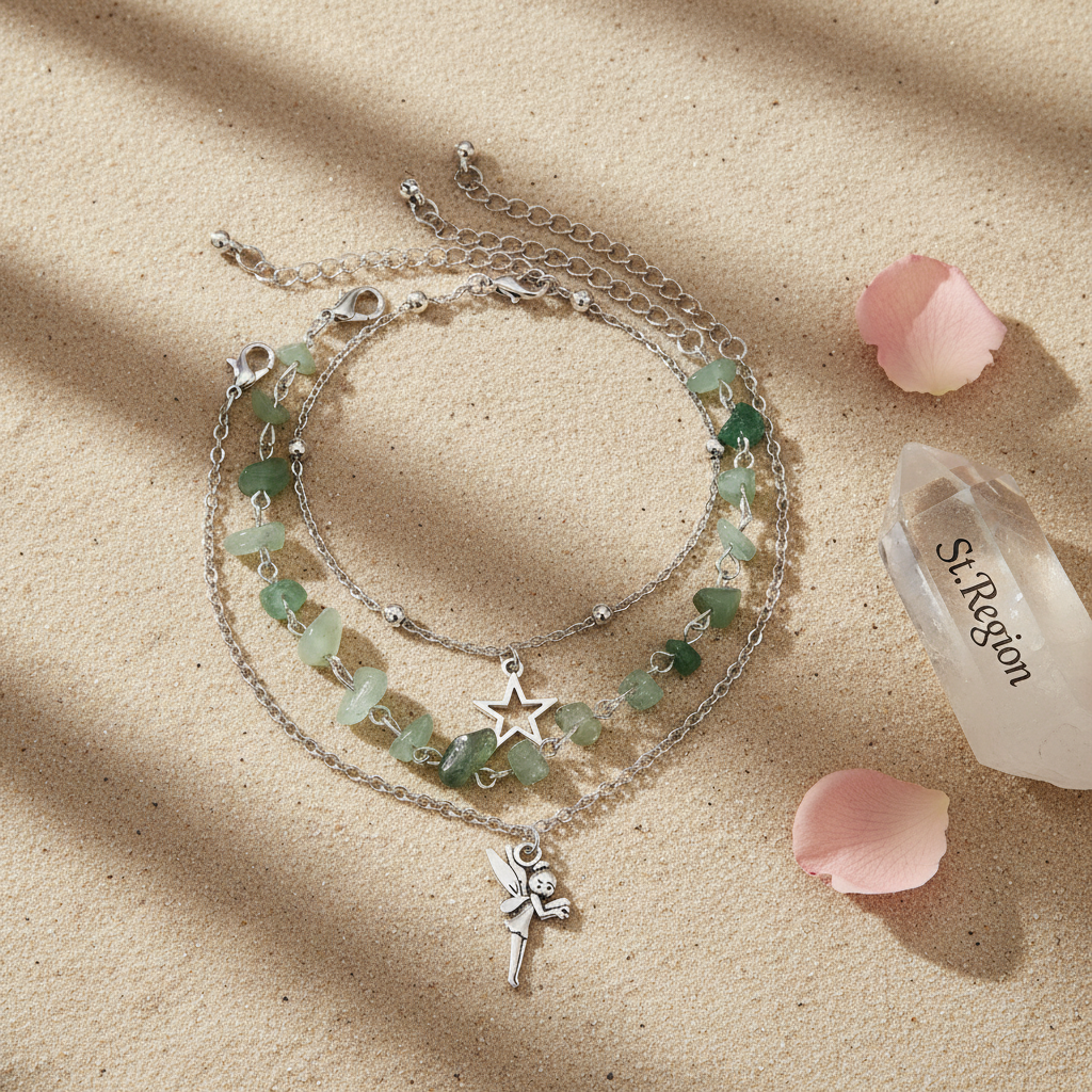 Multi-Colored Qurtz & Silvertone Beads Star Fairy Charm Anklet Set