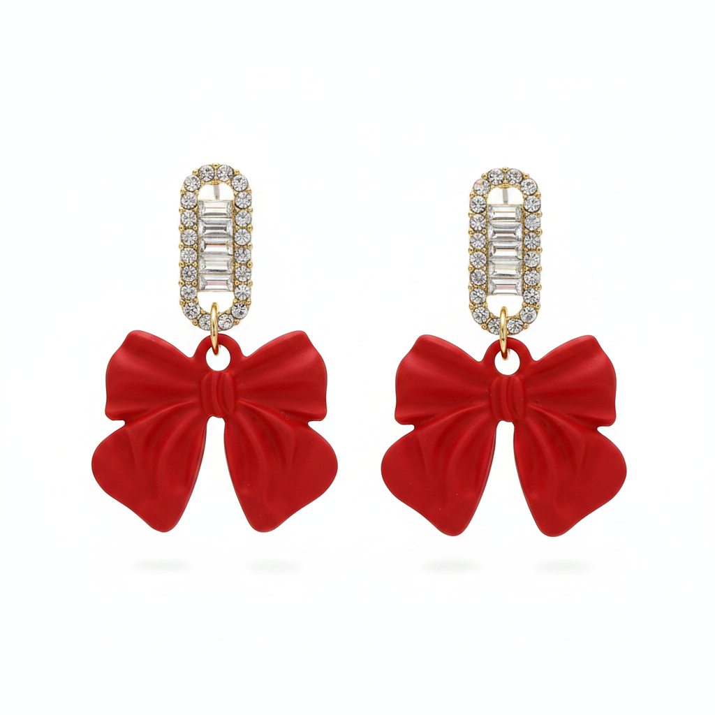 Red Acrylic & Cubic Zirconia Bow Baguette-Cut Drop Earrings