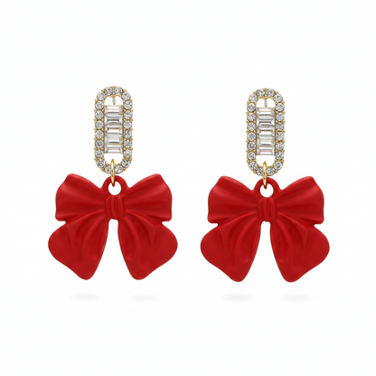 Red Acrylic & Cubic Zirconia Bow Baguette-Cut Drop Earrings