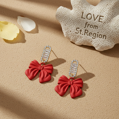 Red Acrylic & Cubic Zirconia Bow Baguette-Cut Drop Earrings