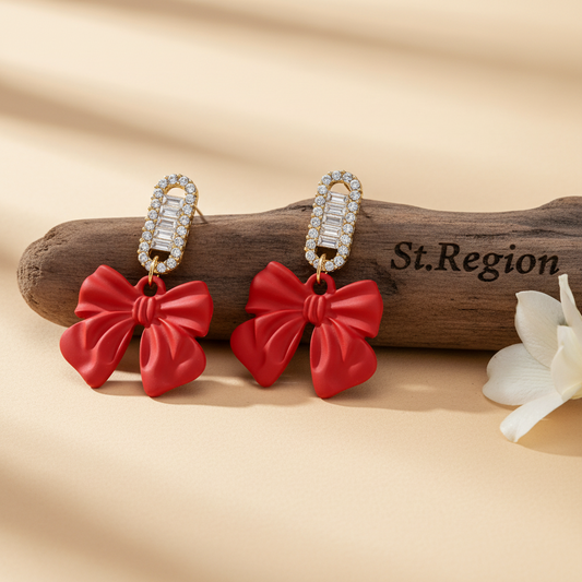 Red Acrylic & Cubic Zirconia Bow Baguette-Cut Drop Earrings