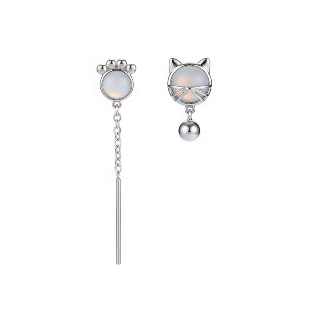 White Cat Eye & Silvertone Kitty Mismatching Drop Earrings