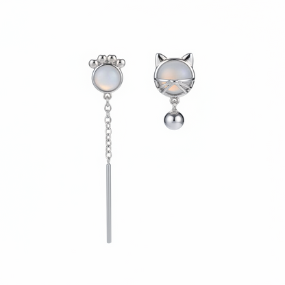 White Cat Eye & Silvertone Kitty Mismatching Drop Earrings