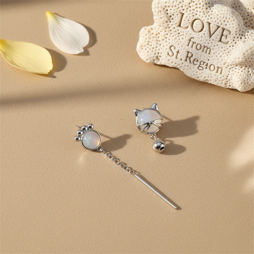White Cat Eye & Silvertone Kitty Mismatching Drop Earrings