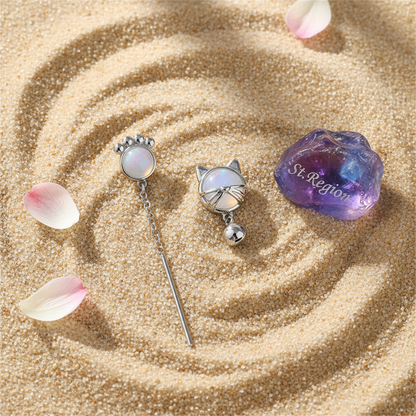 White Cat Eye & Silvertone Kitty Mismatching Drop Earrings