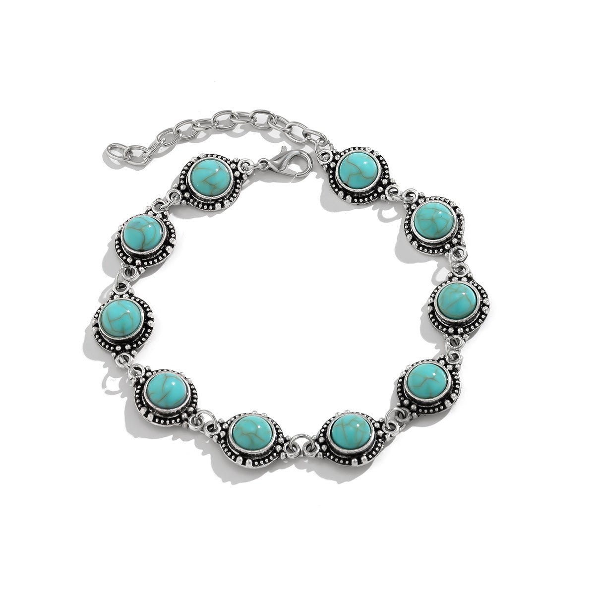 Turqouise & Silvertone Round Stations Anklet