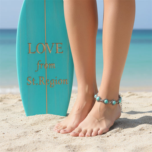 Turqouise & Silvertone Round Stations Anklet