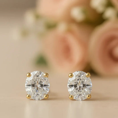 IGI Certified Oval Lab Grown Diamond Solitaire Stud Earrings Yellow Gold