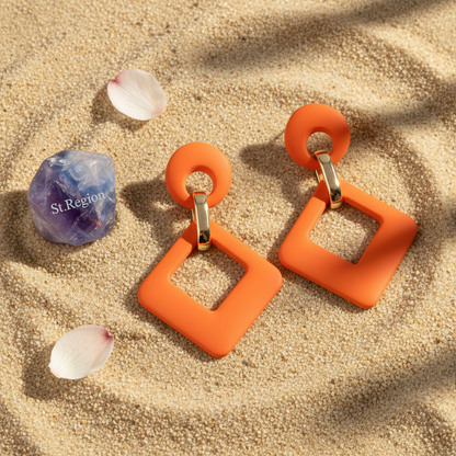 Orange Enamel & Goldtone Open Rhombus Drop Earrings
