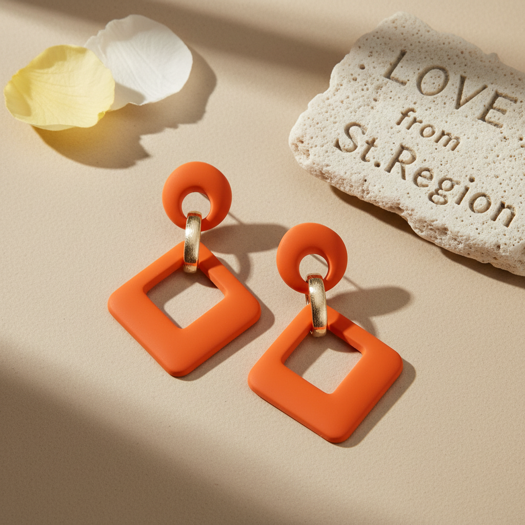 Orange Enamel & Goldtone Open Rhombus Drop Earrings