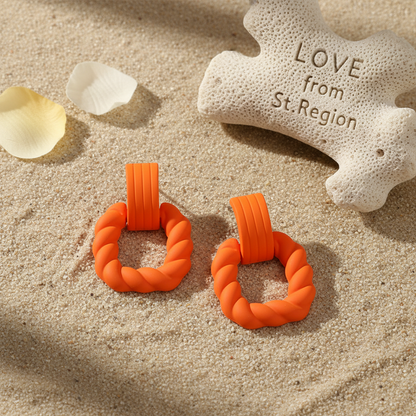 Orange Resin & Silvertone Twine Square Drop Earrings