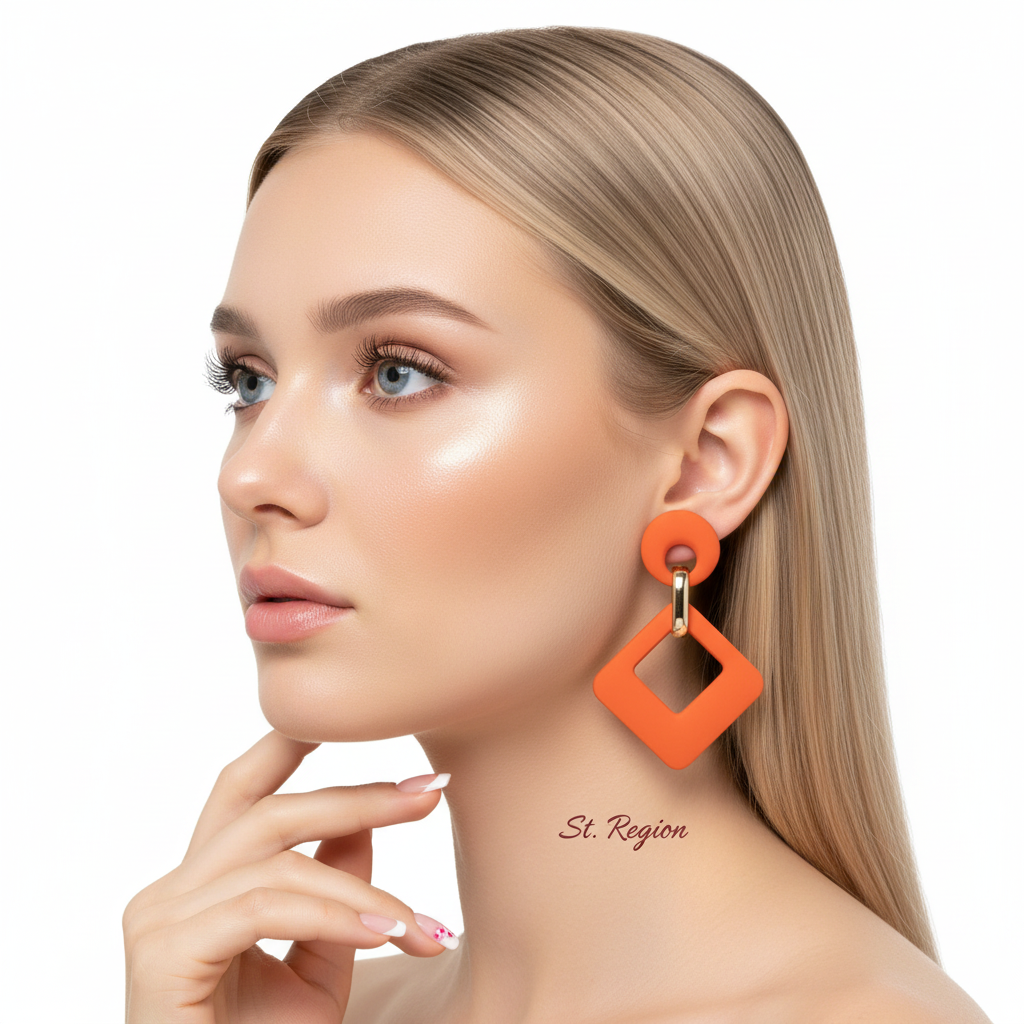 Orange Enamel & Goldtone Open Rhombus Drop Earrings