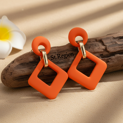 Orange Enamel & Goldtone Open Rhombus Drop Earrings