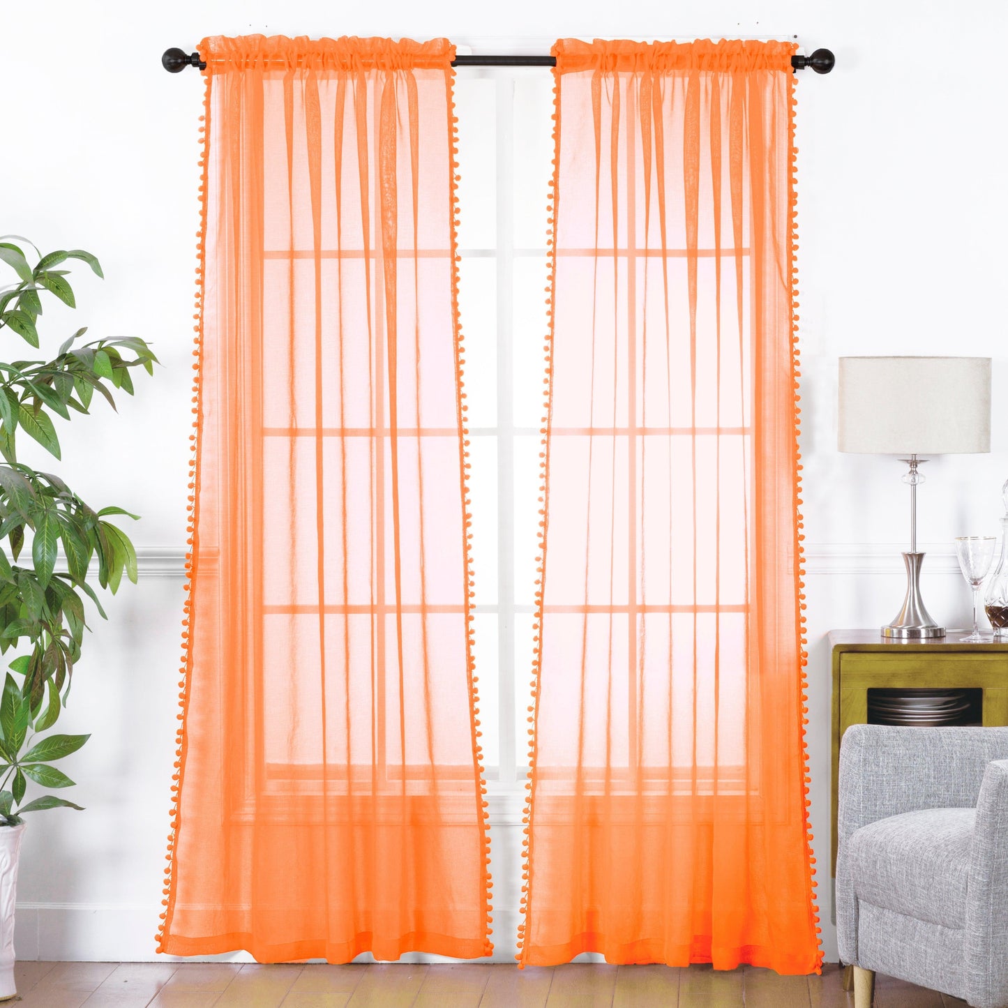 Elegant Comfort Set of 2 Pom Pom Tasseled Sheer Curtain - Rod Pocket