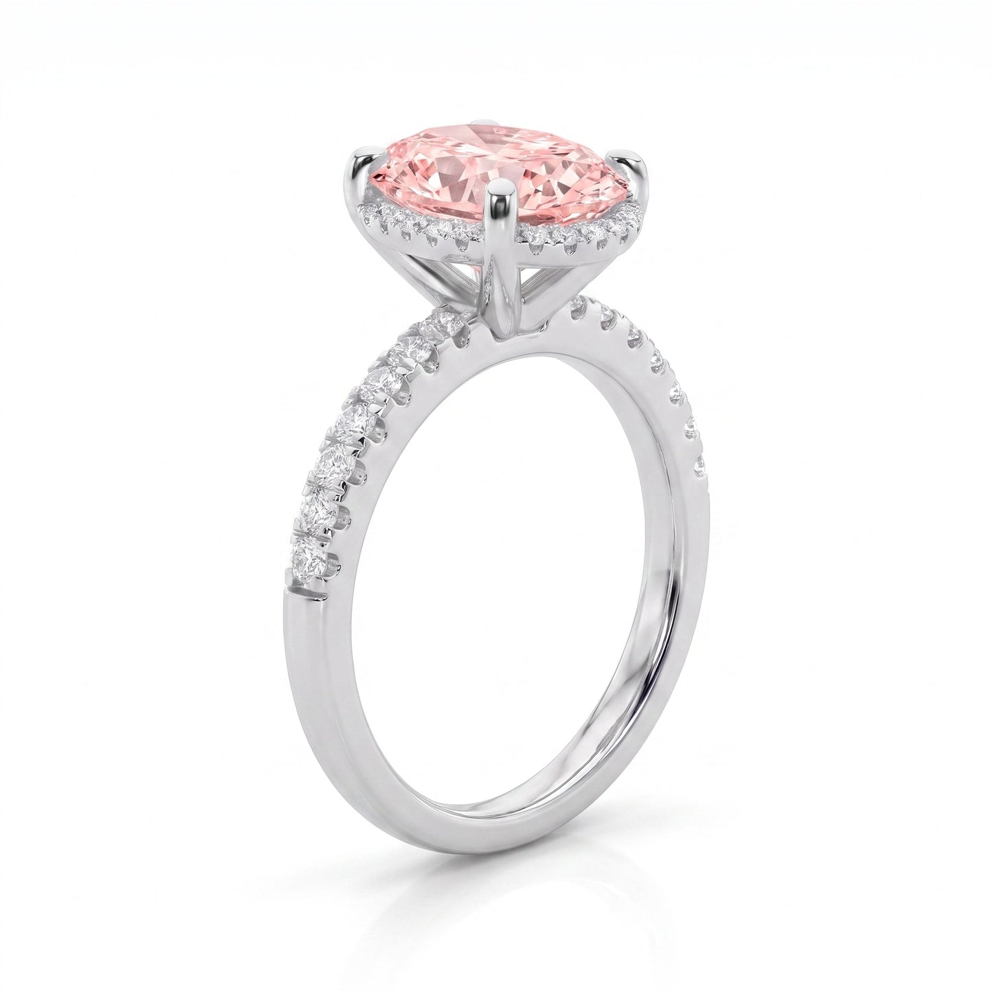 2Cttw Oval Shaped Pink Lab Grown Diamond (F/VS) Halo Accented Engagement Ring in 14K Gold