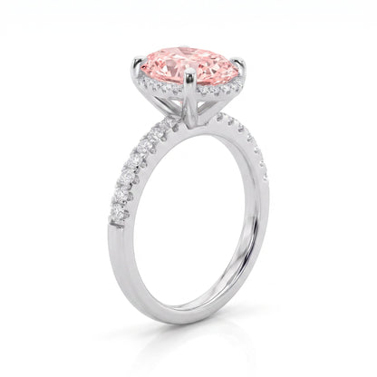 2Cttw Oval Shaped Pink Lab Grown Diamond (F/VS) Halo Accented Engagement Ring in 14K Gold