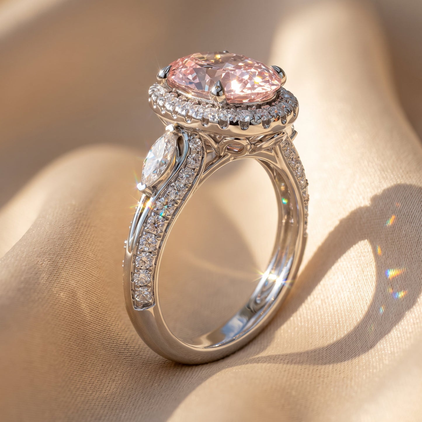 3Cttw Oval Shaped Pink Lab Grown Diamond (F/VS) Three Stone Halo Enagement Ring 14K Gold