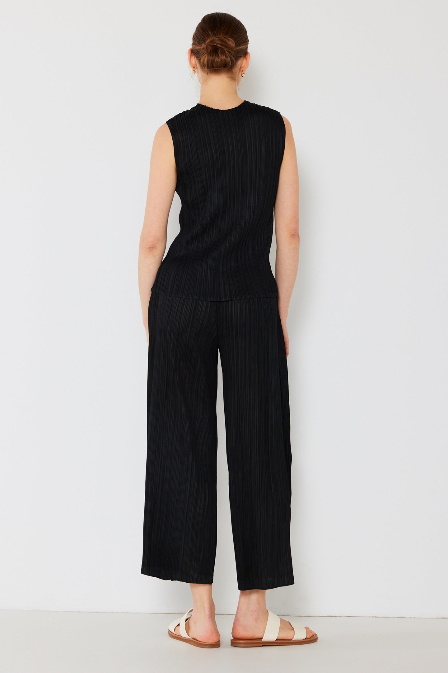 Marina West Pleated Wide-Leg Cropped Pants with Side Pleat (P03WP) - Black