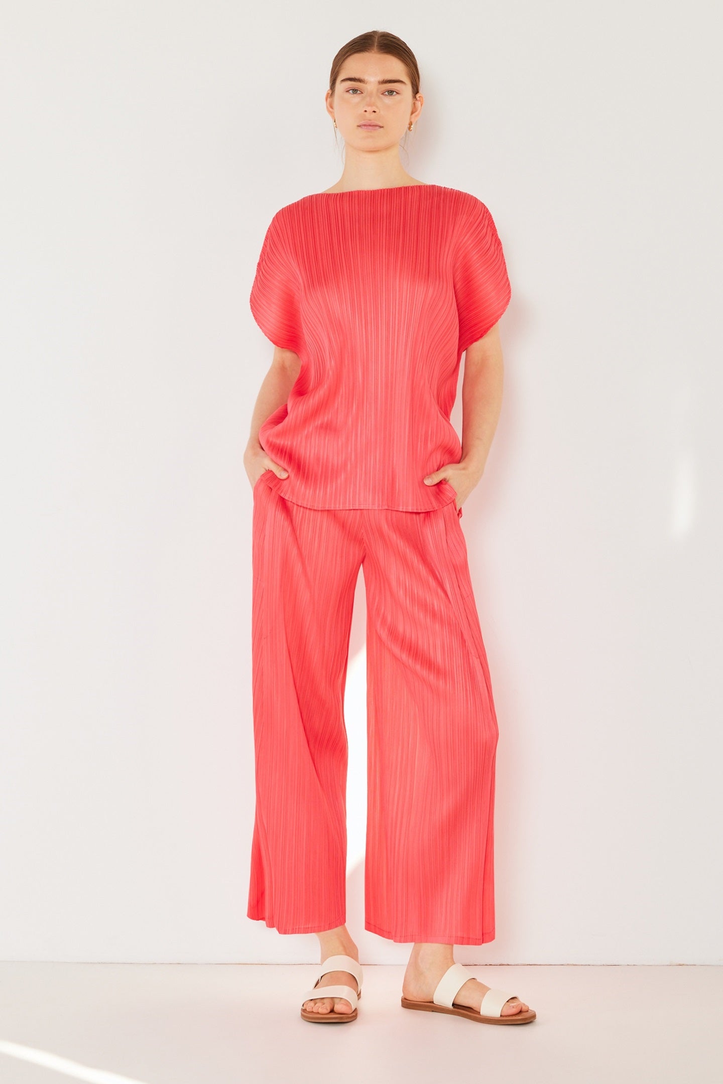 Marina West Pleated Wide-Leg Cropped Pants with Side Pleat (P03WP) - Rubine Red